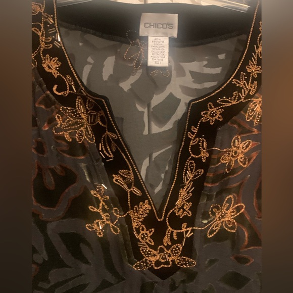 Chico’s Juniper Curry Tunic Velvet Burnout Tunic Gold Beads Split Hem Medium - Picture 2 of 7